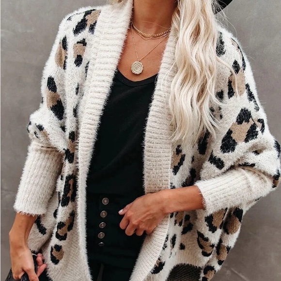 fuzzy women leopard animal print chunky knit jacket open front - Picture 3 of 15